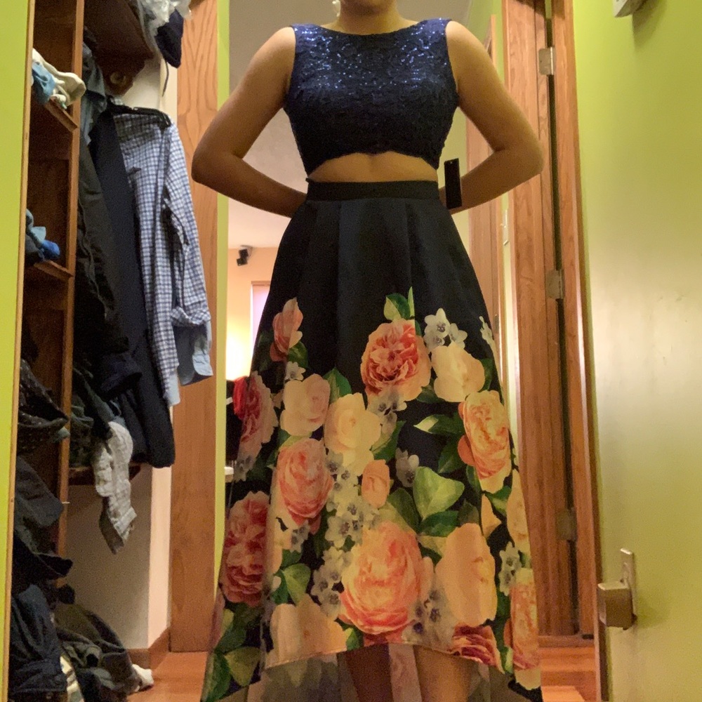 Navy blue two piece prom dress hi-low flower print